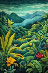 Fototapeta premium Lush tropical landscape, snake hidden in vibrant foliage.