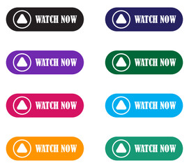 Set of Watch now buttons. Play video buttons in flat style. Play video button set. Watch video now button for web site.  Digital watch now ui buttons. video Player action button. Vector illustration