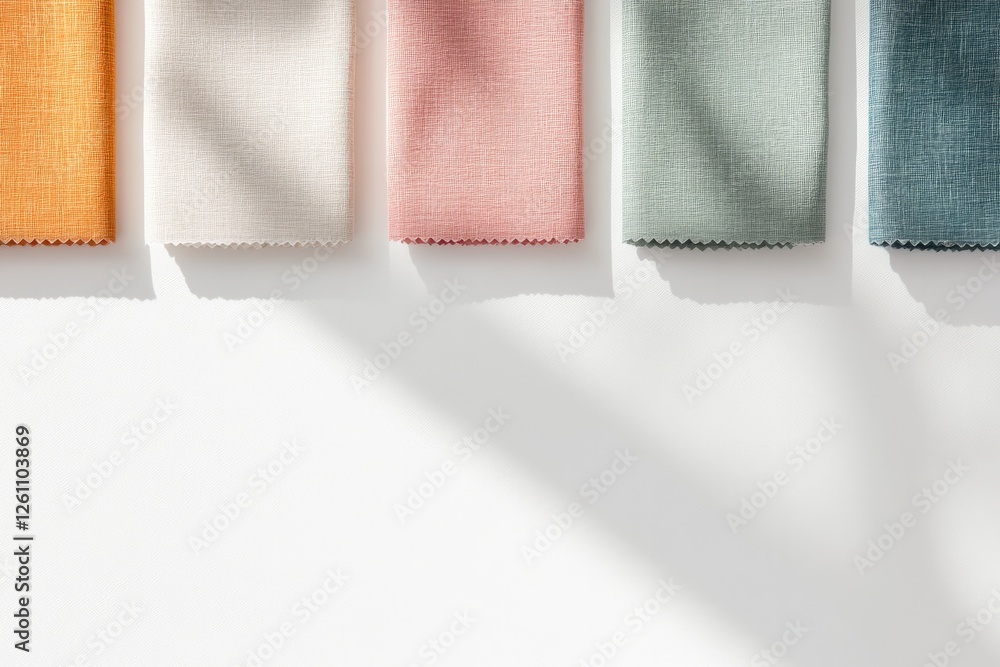 Poster flat lay of swatches of colorful fabrics arranged symmetrically on bright white surface illuminated 