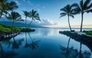 Tranquil tropical lagoon surrounded by palm trees at sunrise on a serene beachfront in Maui, Hawaii