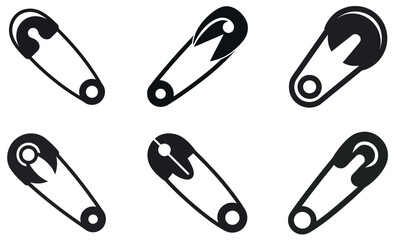 A collection of six simple, black and white safety pin icons on a plain white background.