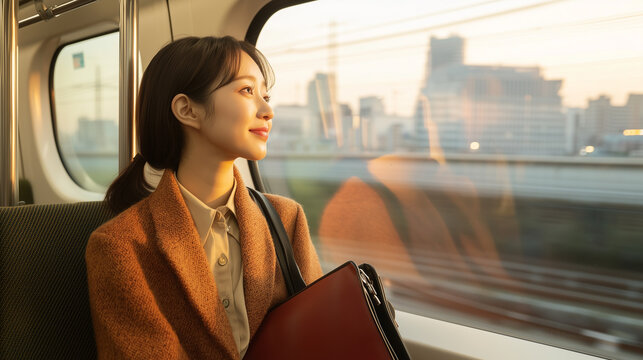 woman gazes out train window during her commute, reflecting peacefully - Powered by Adobe