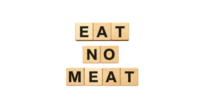 Wooden Cubes Arranged to Form the Words Eat No Meat on a Transparent Background PNG.