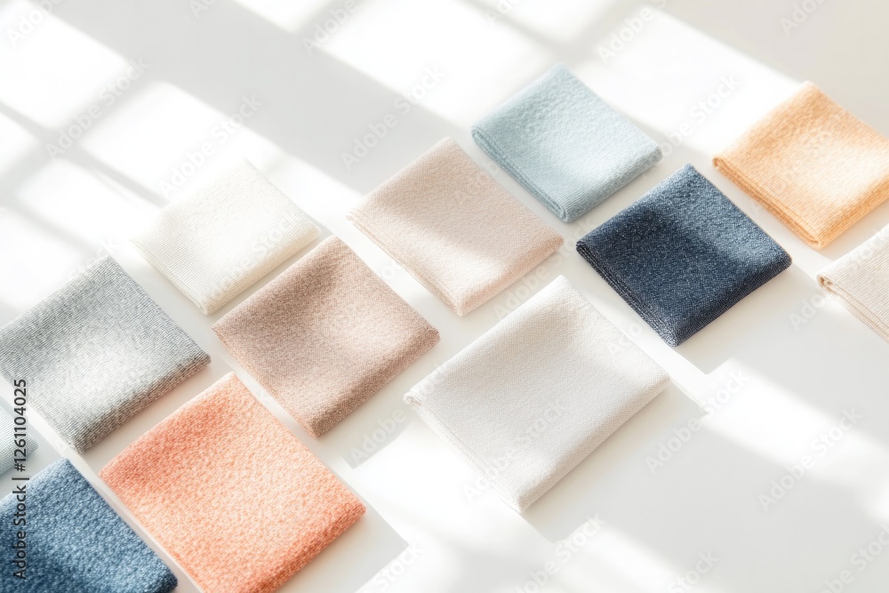 Poster flat lay of swatches of colorful fabrics arranged symmetrically on bright white surface illuminated 