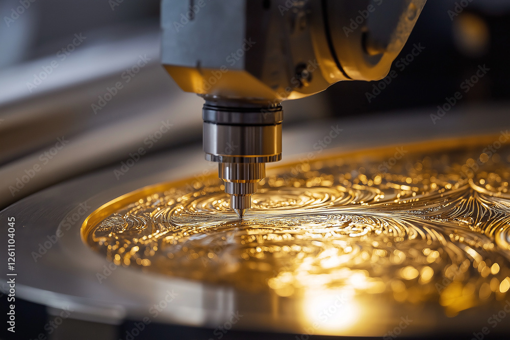 Poster robotic arm engraves intricate patterns on golden surface