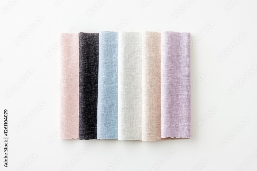 Aufkleber flat lay of swatches of colorful fabrics arranged symmetrically on bright white surface illuminated 
