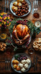 Fototapeta premium A beautiful assortment of dishes presents a festive lunch on a wooden table. Roasted turkey, side dishes, drinks, and flowers create a warm and inviting atmosphere perfect for gatherings