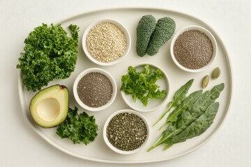Selection of Superfoods Including Quinoa, Kale, Avocado, and Broccoli Arranged on a Minimalist White Plate