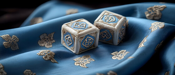 Ornate dice on blue fabric, game, close-up
