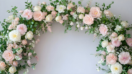 Romantic floral arch adorned with soft pastel blooms creating a picturesque wedding backdrop