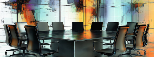 A vibrant, abstract conference room featuring a large table and sleek black chairs. Waiting for participants in board meeting.