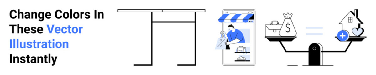 Storefront design for mobile shopping app, person making purchase, balance scale with money and house. Ideal for retail, e-commerce, finance, investment, shopping, saving digital marketing flat