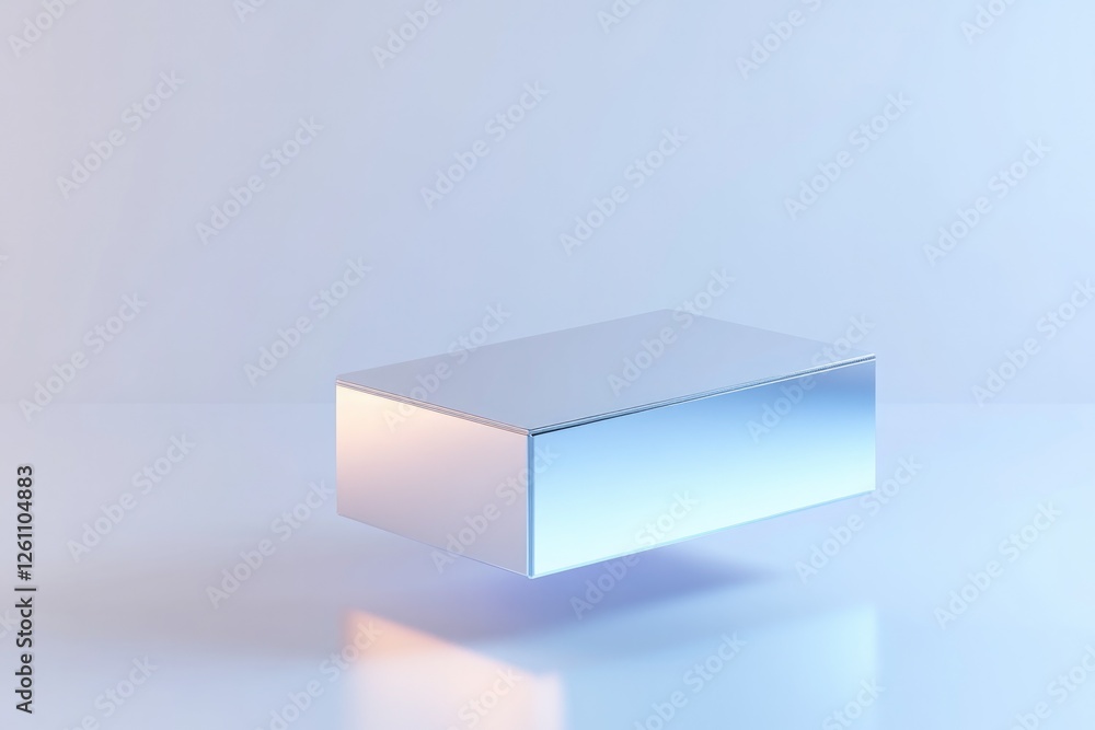 Poster floating metallic structure with reflective silver surfaces glowing softly in clean futuristic envir