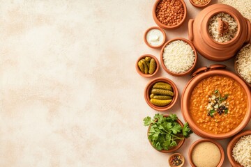 Minimalist Arrangement of Traditional Suhoor Dishes Featuring Lentil Soup, Rice, Pickles, and Fresh Herbs on a Bright Surface