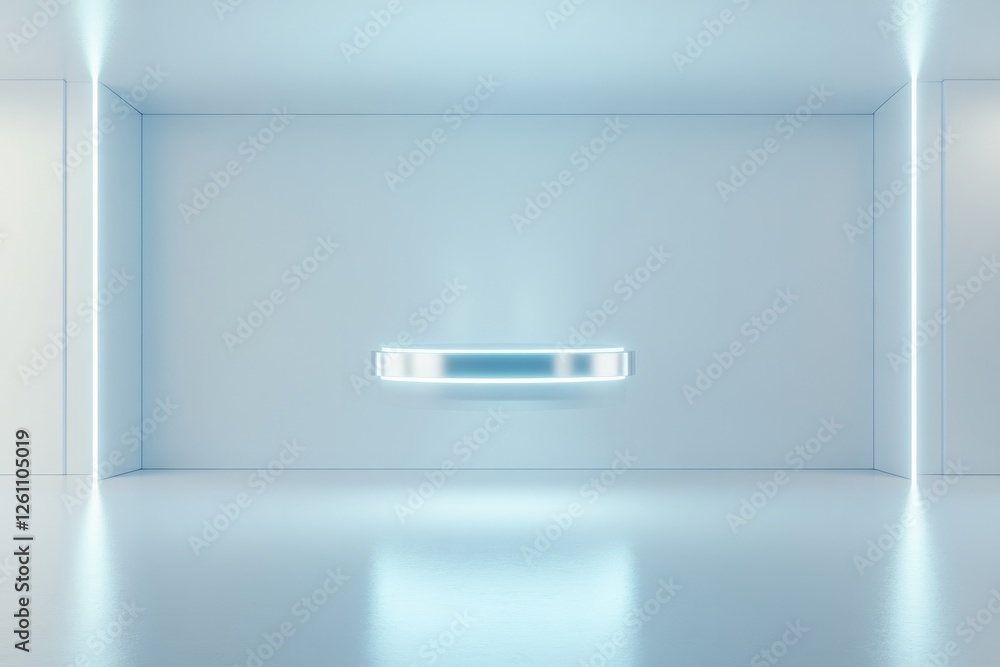 Poster floating metallic structure with reflective silver surfaces glowing softly in clean futuristic envir