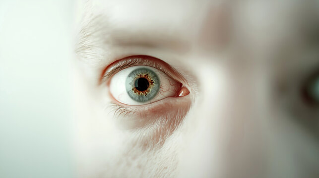 Extreme close up revealing contrasting human eye conditions, healthy iris adjacent to inflamed, reddened eye surface suggesting medical issue