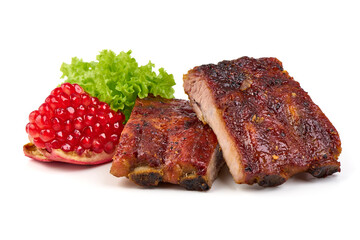 Roasted pork ribs in BBQ sauce with herbs, isolated on white background.