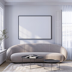 Frame mockup, ISO A paper size. Living room wall poster mockup. Interior mockup with house background. Modern interior design. 3D render
