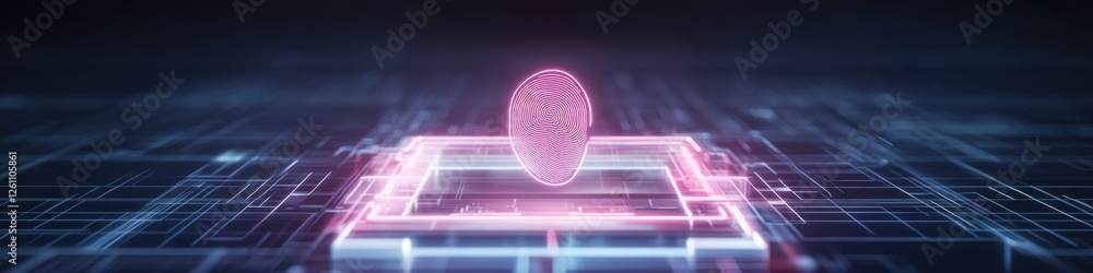 Aufkleber futuristic depiction of biometric icons and digital locks surrounding glowing handprint scanner symb