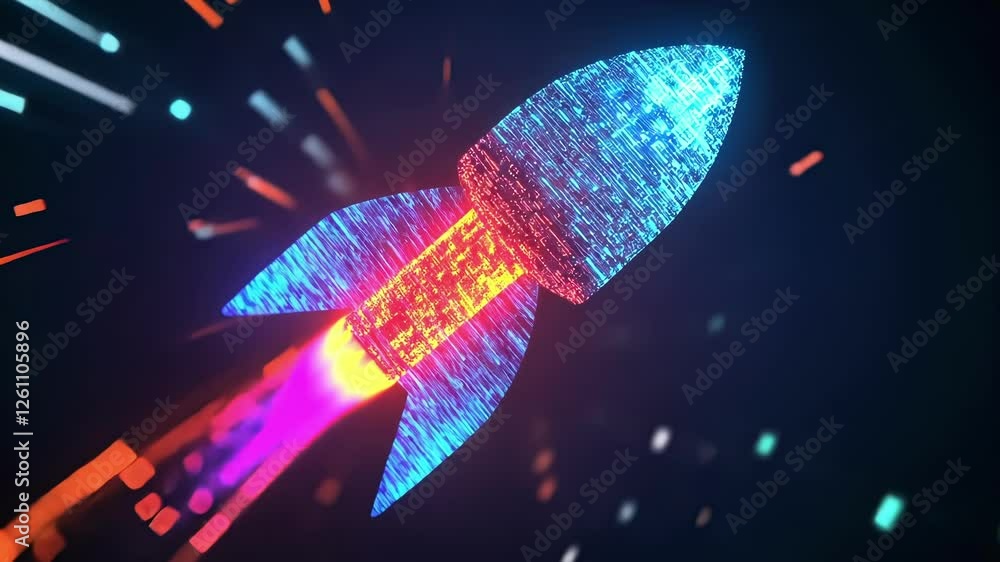 Poster binary code forming a colourful rocket shape flying through cyberspace, representing a startup launc