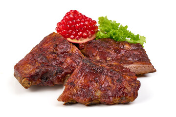 Roasted pork ribs in BBQ sauce with herbs, isolated on white background.
