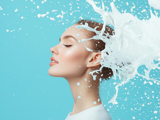 woman with closed eyes is splashed with milk against blue background