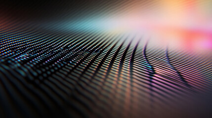 Minimalist fisheye view revealing distorted surface design, digital glitch with RGB shift, pixelated noise, empty space surrounding geometric pattern