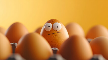 Conceptual image of a sad cracked egg with googly eyes standing out in an egg tray, representing diversity, fragility, and being different