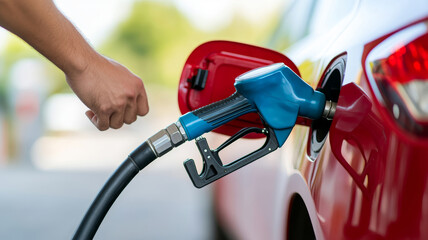 Close up hand gripping blue fuel pump nozzle, inserting into red vehicle fuel tank, symbolizing escalating gas prices and energy consumption
