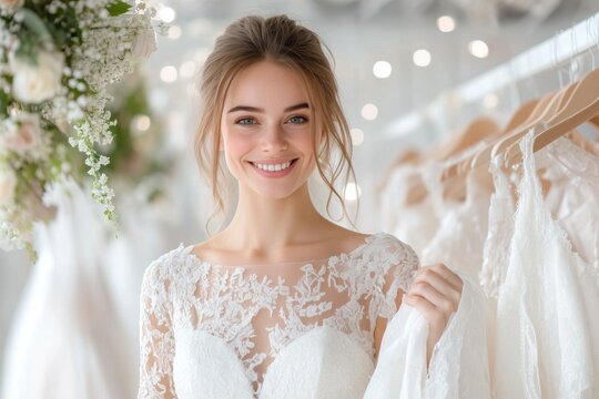 Strahlende Braut beim Anprobieren ihres Hochzeitskleides
