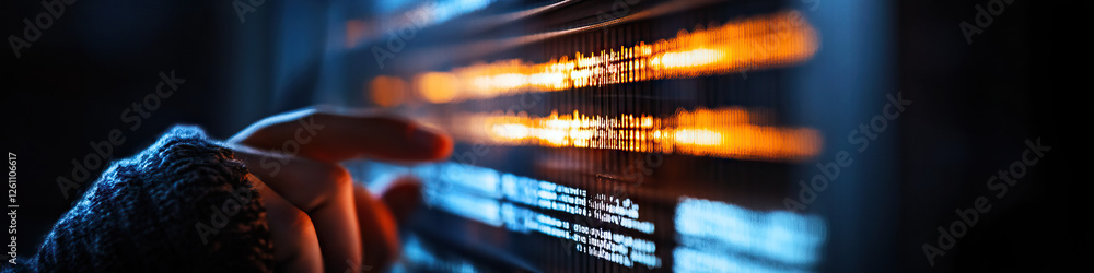 Poster hand interacting with illuminated digital display showing text