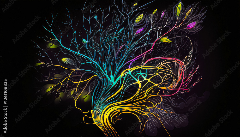 Poster Colorful abstract illustration of a tree-like structure intertwining with a human face features vivid lines and leaf details