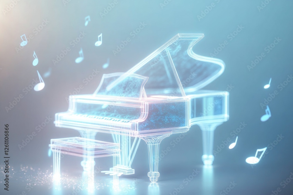 Poster glowing holographic piano with transparent keys surrounded by soft ambient light and floating musica