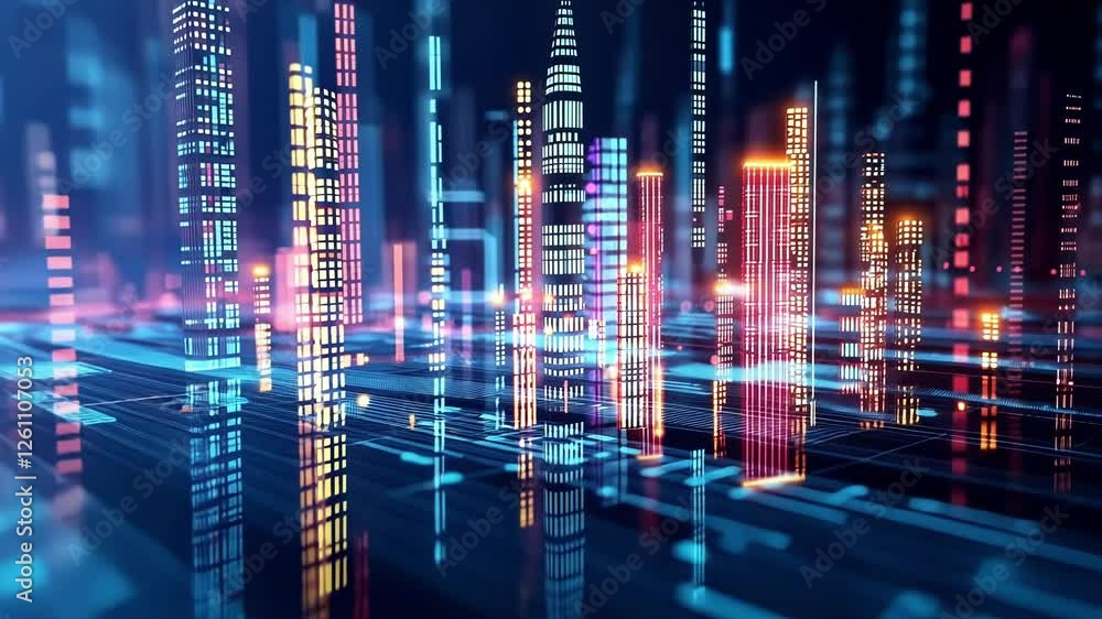 Poster a kaleidoscopic array of data points swirls through a holographic city emphasizing the digital trans
