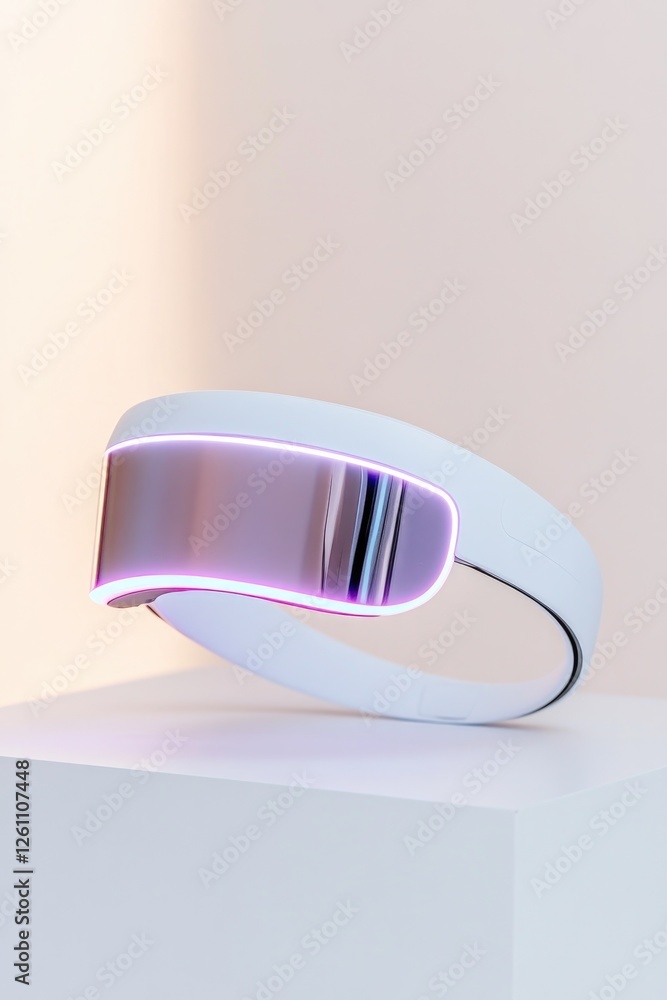 Poster high-tech wearable gadget with smooth white curves and glowing edges displayed on clean surface with