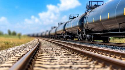 Obraz premium Fisheye perspective capturing lengthy freight train with black tanker cars carrying fuel rolling across railway under bright sunlight