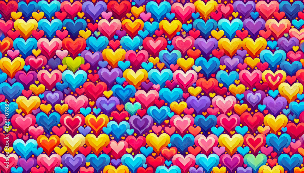 Poster Colorful heart patterns create a vibrant and joyful backdrop filled with various shades and styles at an art event