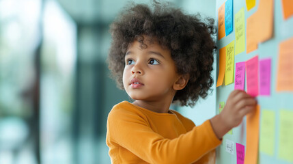 Child placing vibrant sticky notes with inspirational messages on board, showcasing organizational skills and creative thinking