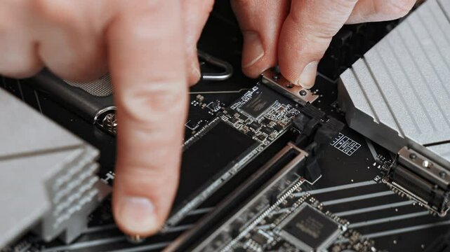 Master installs SSD m2 sata on motherboard. motherboard during custom PC assembly. Close-up