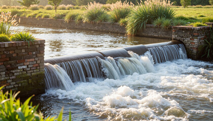 Water weir cascading over stone structure with lush greenery in serene landscape