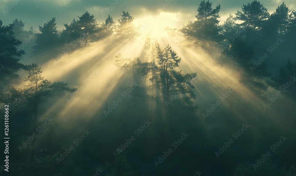 Poster sunlight piercing through misty forest canopy creating a serene and ethereal scene