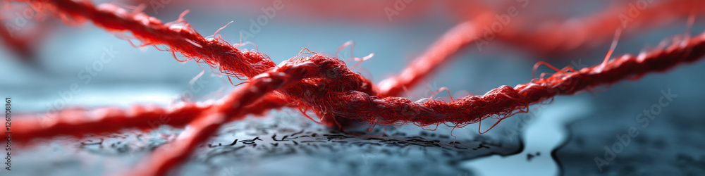 Poster intersecting red threads with frayed fibers