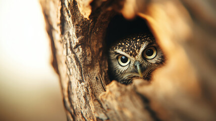 Obraz premium Captivating close up of an owl peering from its tree hollow, showcasing the beauty of wildlife in its natural habitat