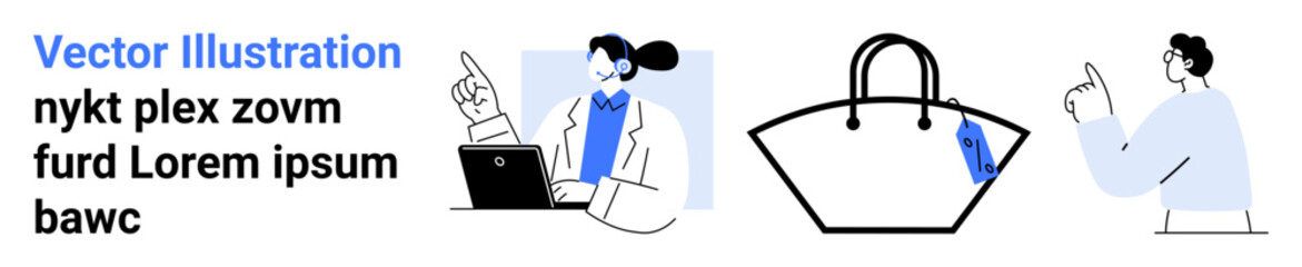 Businesswoman typing at laptop, handbag with tag, person pointing upward. Ideal for e-commerce, fashion, marketing, workplace, technology education design. Perfect for a flat landing page banner