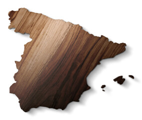 Spain map cutout made of dark wood with natural grain texture isolated on transparent background.