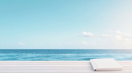 macro shot of travel journal resting on cruise ship deck with waves and clear skies in background
