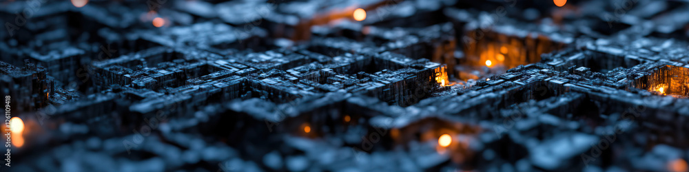 Poster digital rendering of a grid-like structure with orange lights