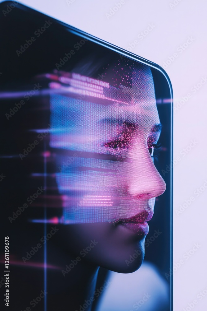 Poster macro shot of biometric facial recognition software scanning person face on smartphone screen illumi