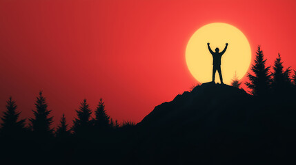 Hiker raising arms in victory on top of mountain peak at sunrise, celebrating success, achievement and freedom