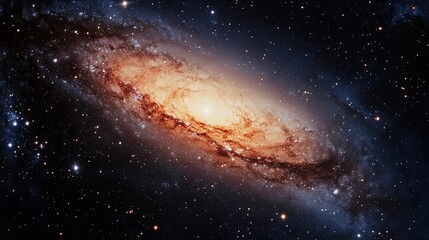 Fototapeta premium A spiral galaxy with a bright yellow center. The galaxy is filled with stars and is surrounded by a dark blue sky